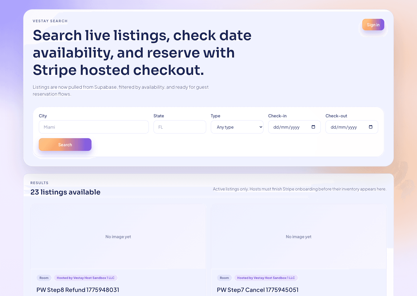 Vestay web app preview